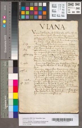 Aanteekeningen, van de geschiedenis van Vianen van 1190 tot 1427, 17e eeuw. In het Latijn.