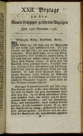 XXII. Beylage zu den Leipziger gelehrten Anzeigen - Zum 15ten November 1796.