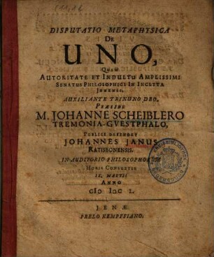 Disputatio Metaphysica De Uno