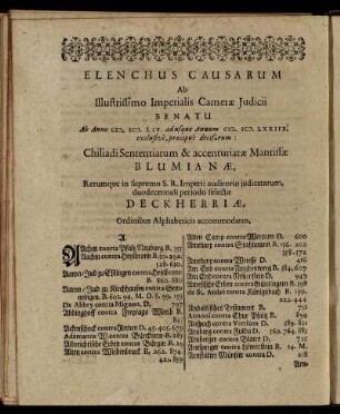 Elenchus Causarum Ab ... Camerӕ Iudicii Senatu Ab Anno M.DC.LIV. adusque Annum M.DC.LXXIIX. exclusive, prӕcipue decisarum ...