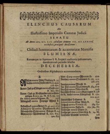 Elenchus Causarum Ab ... Camerӕ Iudicii Senatu Ab Anno M.DC.LIV. adusque Annum M.DC.LXXIIX. exclusive, prӕcipue decisarum ...