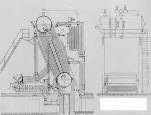 Steilrohrkessel mit Wanderrost und Überhitzer, Schema : Technikgeschichte | Maschinenbau | Kraftmaschinen | Dampfkesselalagen, Feuerungen