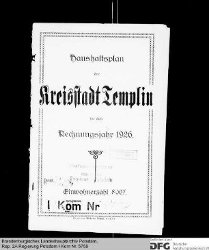 Haushaltsplan der Stadt Templin für das Rechnungsjahr 1926