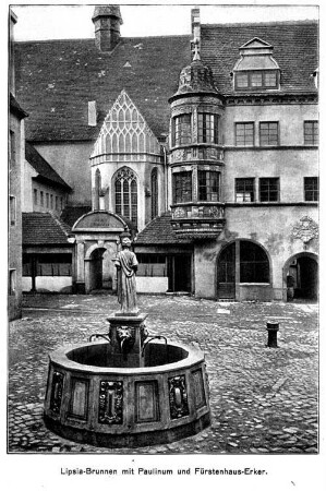 Lipsia-Brunnen mit Paulinum und Fürstenhaus-Erker [Intern. Baufachausstellung mit Sonderausstellungen Leipzig 1913 : Offizielle Postkarte]