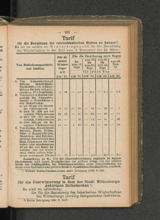 Tarif für die Benutzung des reichsfiskalischen Hafens zu Lenzen 1)