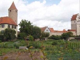 Stadtbefestigung - Südflanke mit Wehrturm (Salwartenturm) und Stadttor (Nördlinger Tor) von Südwesten