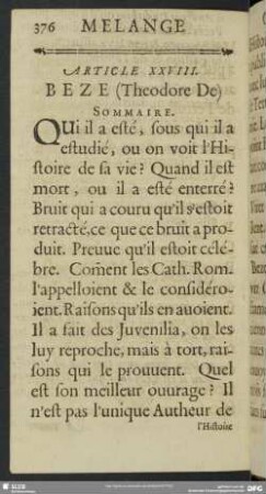 Article XXVIII. Beze (Theodore De)