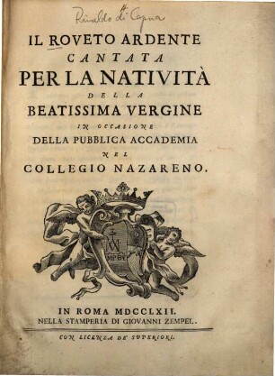 Il riveto ardente : Cantata per la Natività della Beatissima Vergine