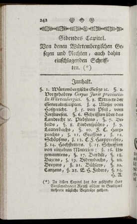 Sibendes Capitel. Von denen Würtembergischen Gesezen und Rechten, auch dahin einschlagenden Schrifften.