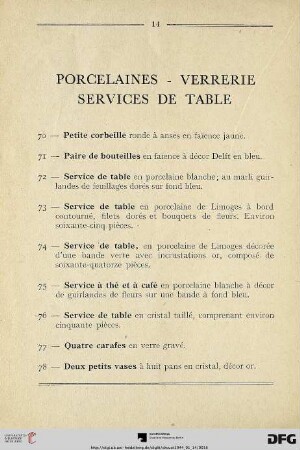 Porcelaines – Verrerie – Service de Table (Nr. 70-78)