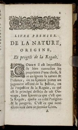 Livre Premier. De La Nature, Origine, Et progrés de la Regale.
