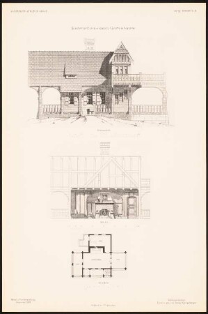 Gartenhaus: Seitenansicht, Querschnitt, Grundriss (aus: Entwürfe von Mitgl. d. AVB, Neue Folge 1899/00)