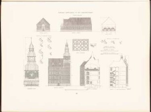 Gemeindeschule in der Dunckerstraße, Berlin: Vorderansicht, Seitenansicht, Querschnitt, Details Turnhalle, Seitenansicht, Schnitt Mittelbau, Schnitt Haupthaus, Ansicht Turm, Detail (aus: Neubauten der Stadt Berlin, Bd. I, 1902)