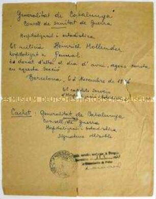Bescheinigung der Generalitat de Catalunya für einen verwundeten Kämpfer der Internationalen Brigaden (?) - Personenkonvolut