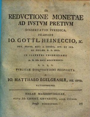 De Redvctione Monetae Ad Ivstvm Pretivm Dissertatio Ivridica