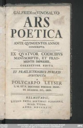 Galfridi de Vinosalvo Ars Poetica : Ante Qvingentos Annos Conscripta