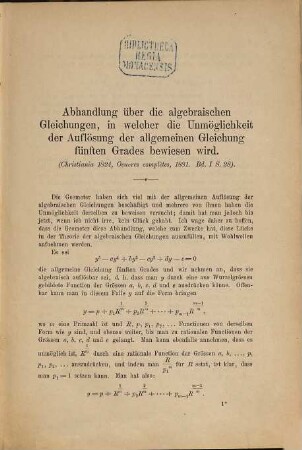 Abhandlungen über die algebraische Auflösung der Gleichungen