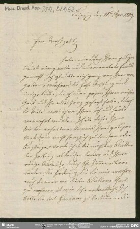 Eigenh. Brief von Siegfried August Mahlmann an August Wilhelm von Schlegel, Leipzig, 11.04.1809