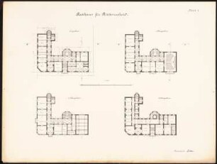 Rathaus, Essen-Rüttenscheid: Grundrisse KG, EG, 1.OG, 2.OG 1:200