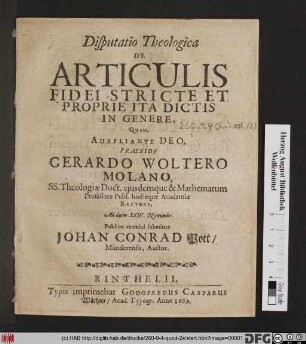 Disputatio Theologica De Articulis Fidei Stricte Et Poprie Ita Dictis In Genere