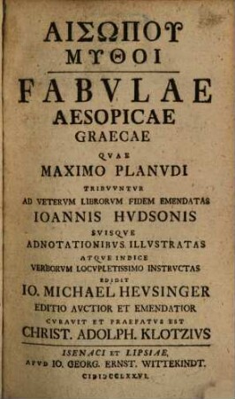 Aisōpu Mythoi : = Fabvlae Aesopicae Graecae