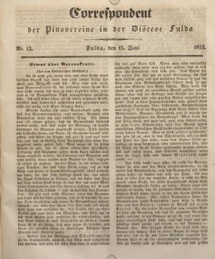 Nr. 12. Fulda, den 15. Juni 1852.