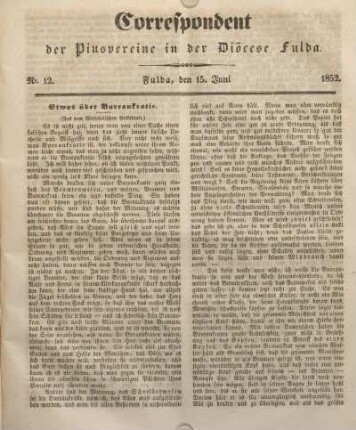 Nr. 12. Fulda, den 15. Juni 1852.