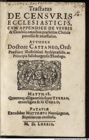 Tractatus brevis de censuris ecclesiasticis ... : cum append. de usuris