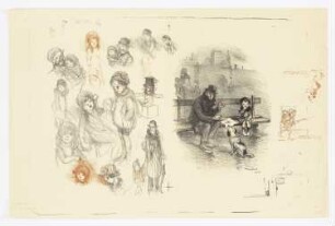 Studienblatt mit Personenskizzen und Picknick von Mann, Kind und Hund auf einer Bank