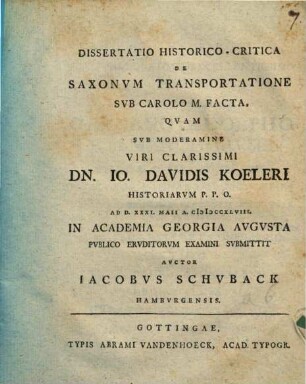 Dissertatio Historico-Critica De Saxonvm Transportatione Svb Carolo M. Facta