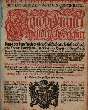 Relationis historicae semestralis continuatio : Jacobi Franci historische Beschreibung der denckwürdigsten Geschichten ..., 1686