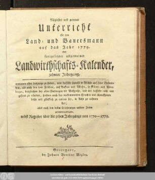 10.1779: Nützlicher und getreuer Unterricht für den Land- und Bauersmann : auf das Jahr ...