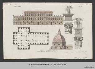 Fassade des Palazzo Pitti, Grundriss von Santo Spirito, Ansicht der Domkuppel, drei Kapitell-Gebälk-Arkaden-Details