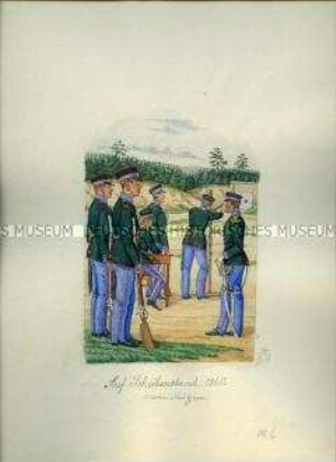 Uniformdarstellung, Jäger bei Schießübungen am Scheibenstand, Sachsen, 1860.