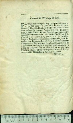 Extrait du Privilege du Roy.