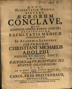 Dissertatio Medica Sistens Aegrorum Conclave