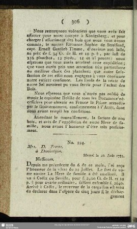 No. 224. Mrs. D. Freres à Dunkerque. Memel le 20. Août 1785