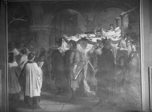 "Vaterländische Geschichtsgalerie": Beisetzung des berühmten Minnesängers Walter von der Vogelweide im Kreuzgang des Neumünsters zu Würzburg im Jahre 1230