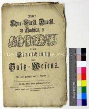 Mandat von Friedrich August III. Kurfürst von Sachsen betreffs Einrichtung der Salzversorgung des Landes