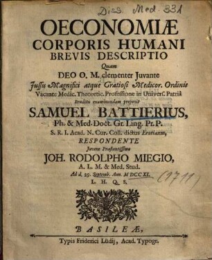 Oeconomiae Corporis Humani Brevis Descriptio