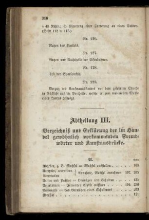 Abtheilung III. Verzeichnis und Erklärung der im Handel gewöhnlich vorkommenden Fremdwörter und Kunstausdrücke