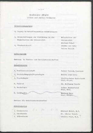Inhalt "Studienjahr 1981/82 Erstes und Zweites Trimester"