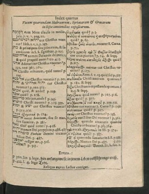 Index quartus Vocum quarundam Haebraearum, Syriacarum & Graecarum in hisce concionibus expositarum.