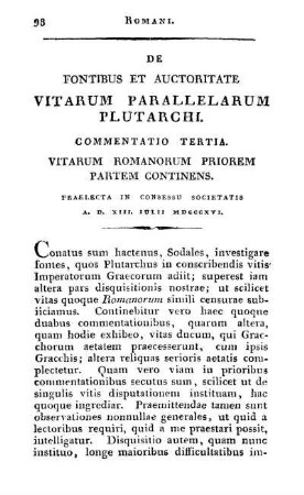 Commentatio Tertia. Vitarum Romanorum Priorem Partem Continens.