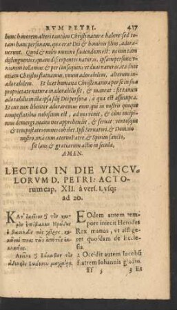 Lectio In Die Vinculorum D. Petri: Actorum cap. XII. a vers. 1. usq[ue] ad 20.