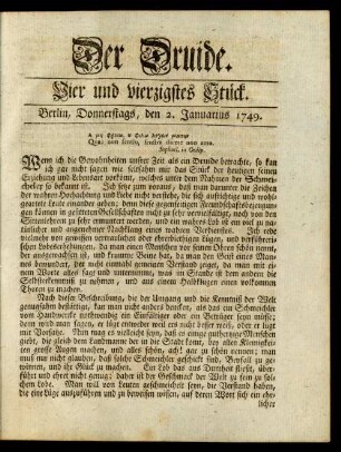 Vier und vierzigstes Stück. Berlin, Donnerstags, den 2. Januarius 1749