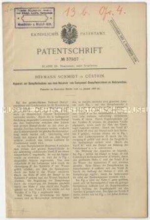 Patentschrift eines Apparates zur Dampfabnahme aus dem Receiver von Compound-Dampfmaschinen zu Heizzwecken, Patent-Nr. 37507