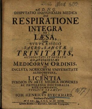 Dispvtatio Inavgvralis Medica De Respiratione Integra Et Laesa