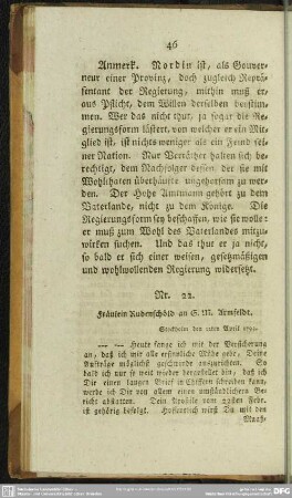 Nr. 22. Fräulein Rudenschöld an G. M. Armfeldt. Stockholm den 12ten April 1793