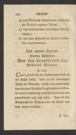 Des vierten Kapitels Dritter Abschnitt. Von den Krankheiten der Geburts-Glieder